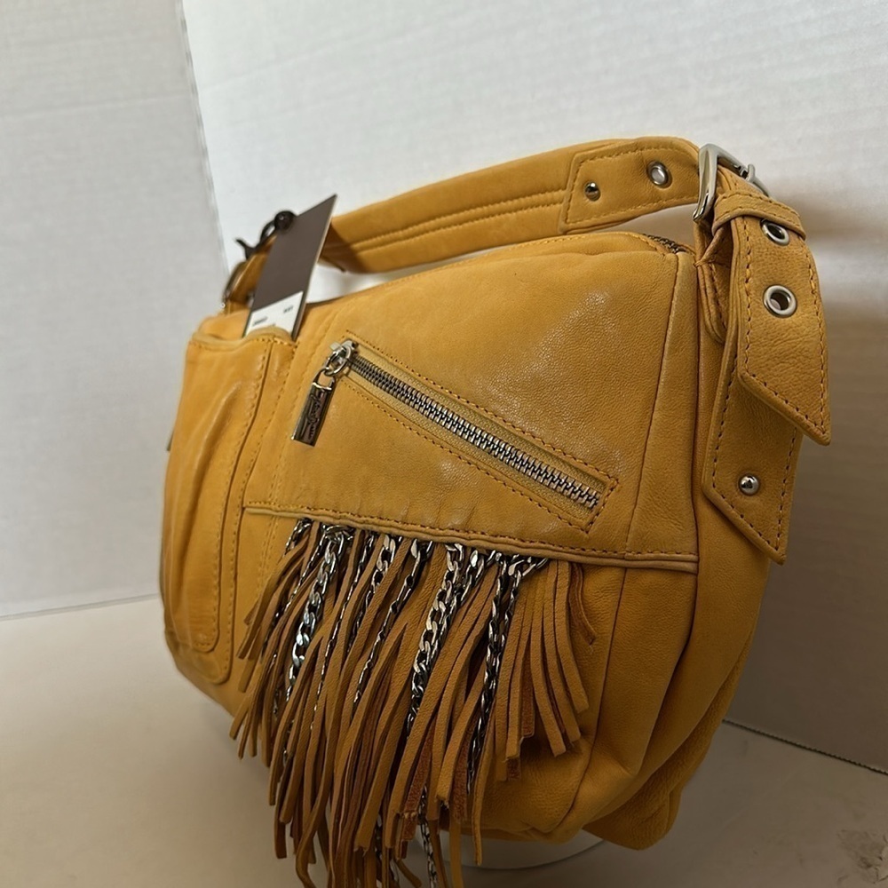 Junior Drake Blush Leather Shoulder Bag Fringe & ChainS mustard yellow NWT - Picture 7 of 16